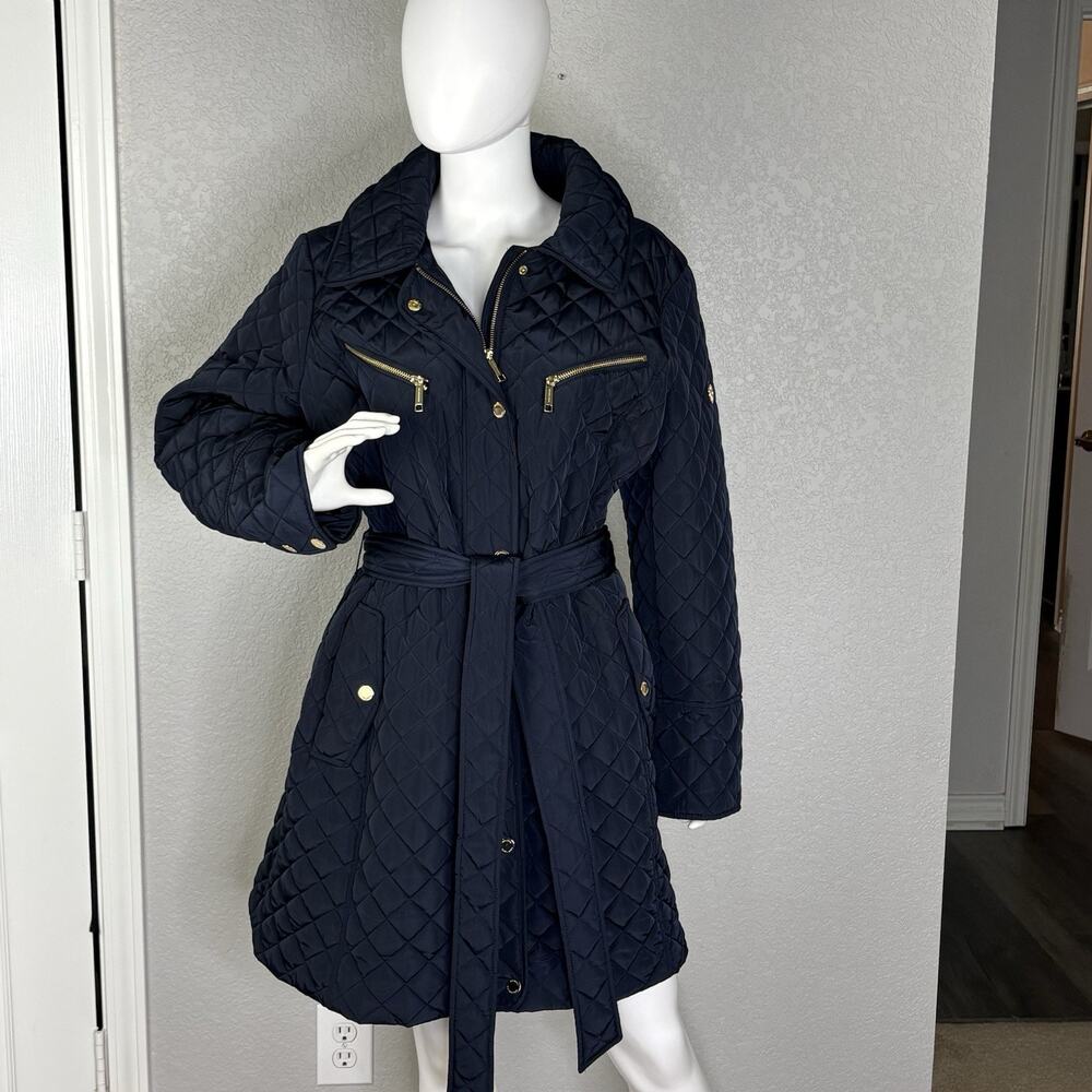 Michael Kors Women's Quilted Jacket Belted Coat Navy Blue Size 1X
